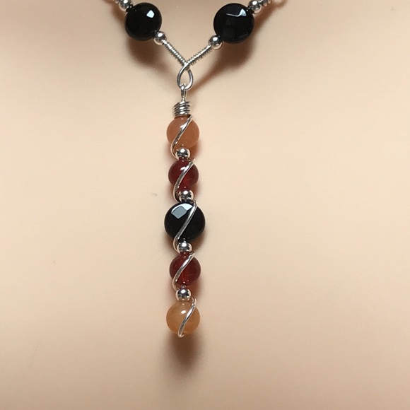 Solar Eclipse- Onyx, Red Agate,Orange Aventurine Sterling Silver Necklace - Picture 4 of 10